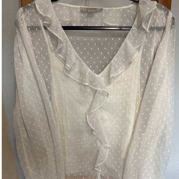 Allsaints Ari Blouse Top Romantic Ruffles Textured Polka Dots White Size 8 - Picture 5 of 11